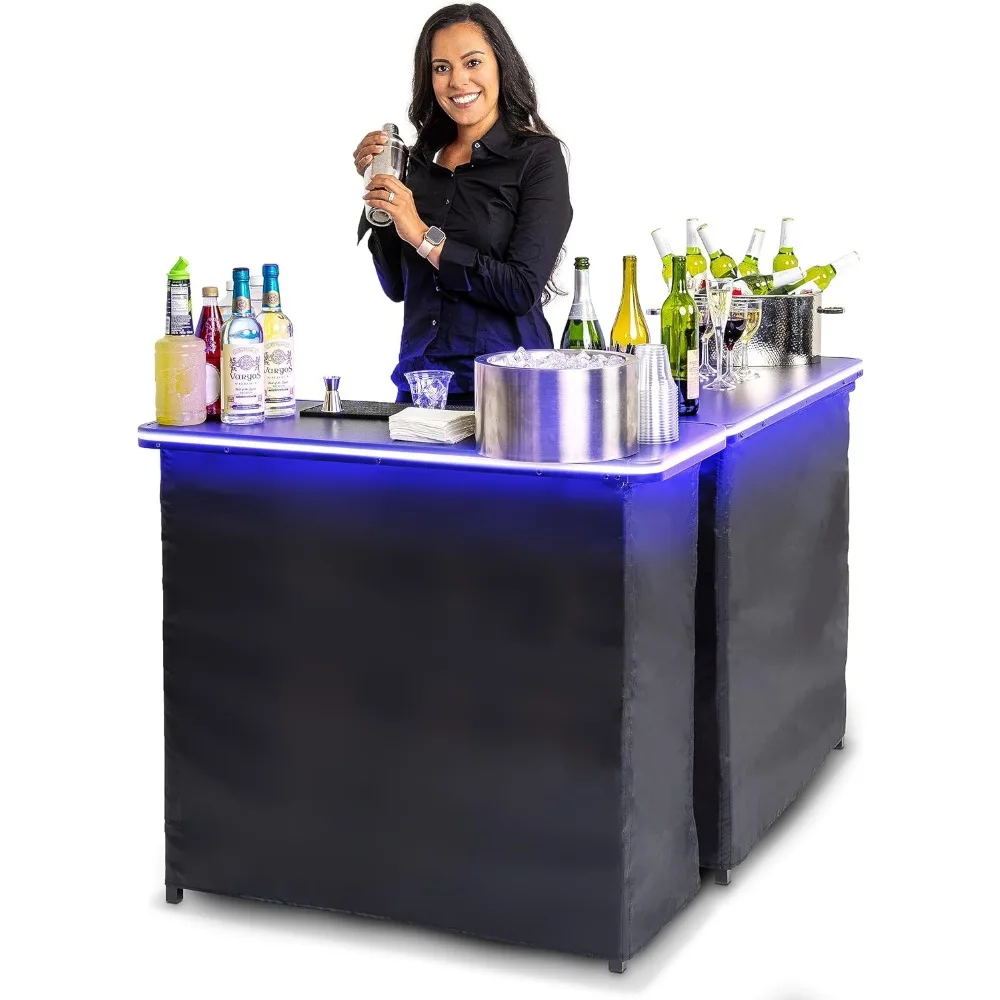 

Portable Double Bar Table Set with Multi-Color LED Lights - Mobile Bartender Station for Events - Includes Carrying Case