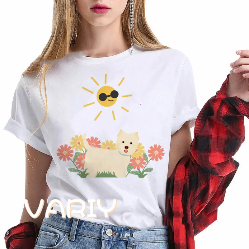 Westie West Highland White Terrier Print T-shirt Women Summer Loose Short Sleeved Animal Oversized Top Tee Couple Streetwear