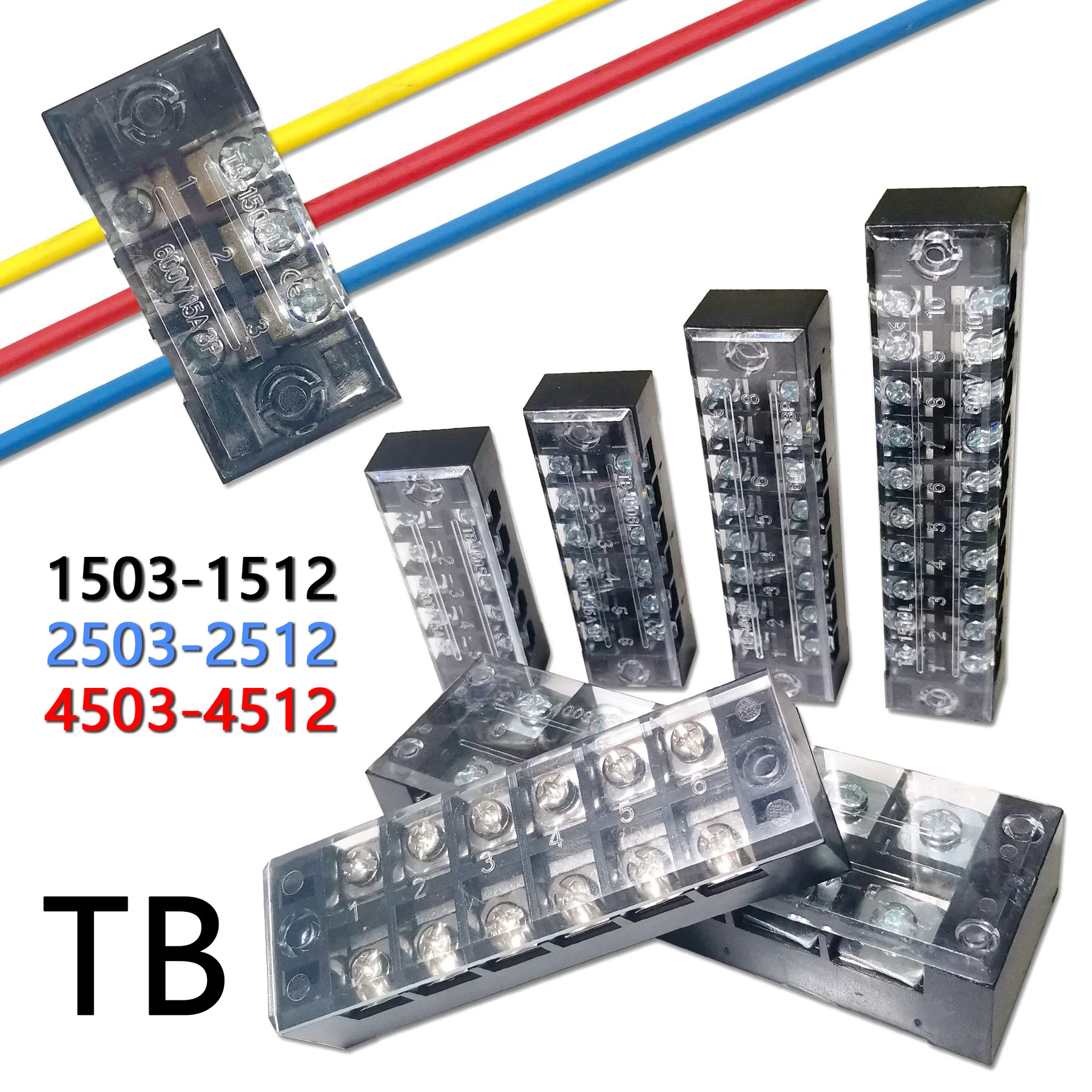 15A/25A/45A 600V Dual Row Barrier Screw Terminal Block Wire Connector TB Series 3/4/5/6/8/10/12 PIN Optional TB-1503 TB-2503