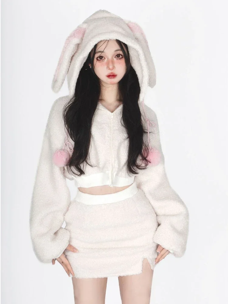 2024 New White Lolita Kawaii Two-piece Set Women Fluffy Casual Korean Style Cute Skirt Suit Hooded Top + Sweet Mini Skirt Chic