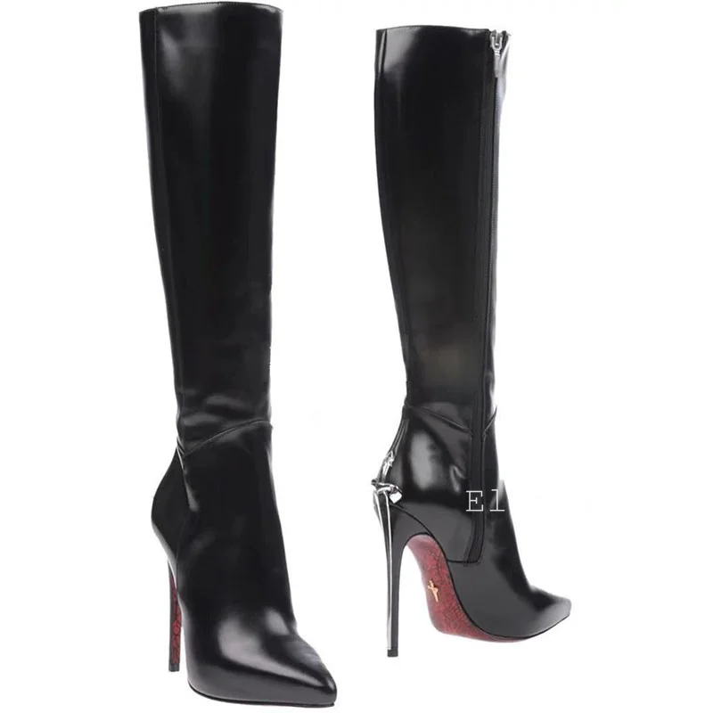 Runway Botas Sexy Black Suede Leather Knee-High Boots Super High Heels Women Autumn Winter Pointed Toe Strange Heels Long Boots image 4