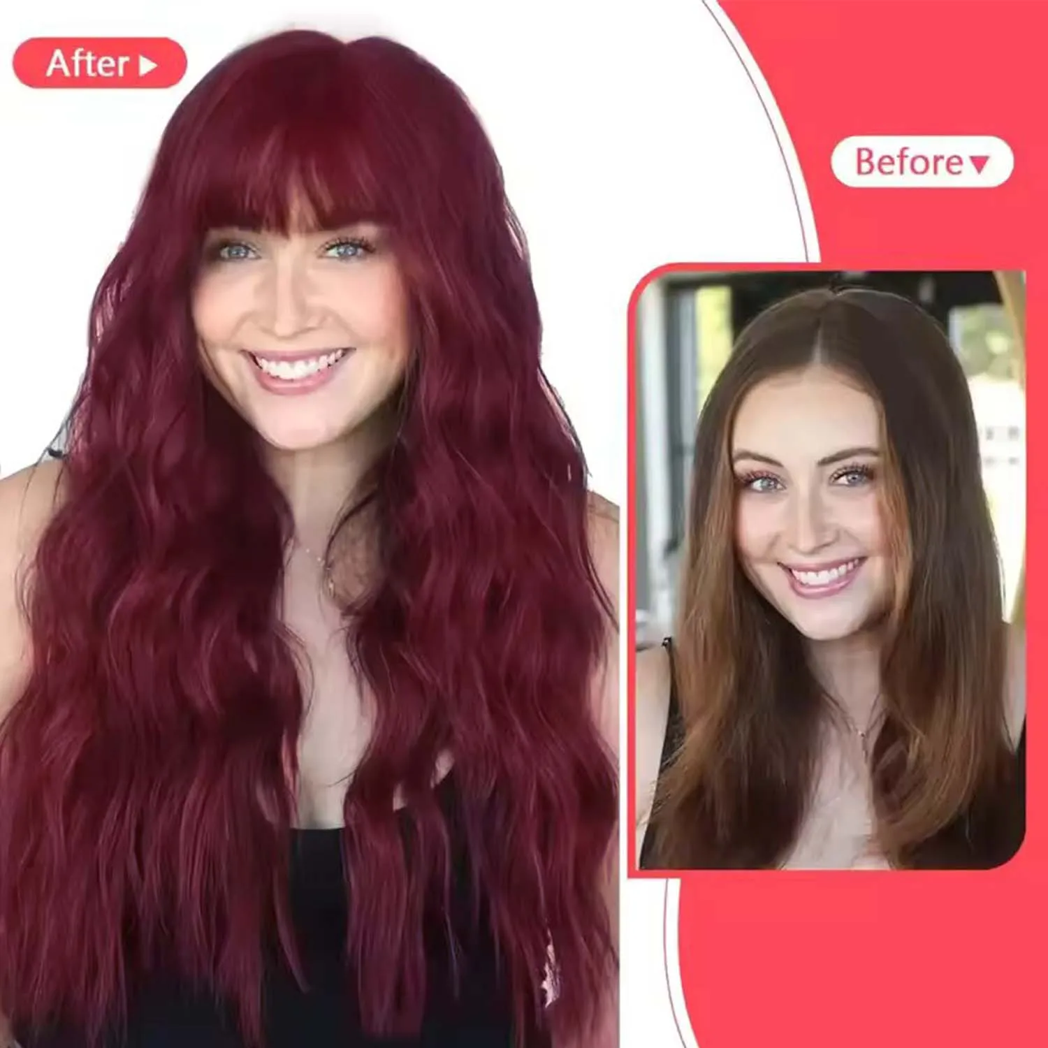 باروكة صناعية بلون النبيذ الأحمر مع شعر طويل مجعد وغرة للاستخدام اليومي في الحفلات. مصنوعة من ألياف تتحمل درجات الحرارة العالية، شعر مستعار متعدد الألوان #5