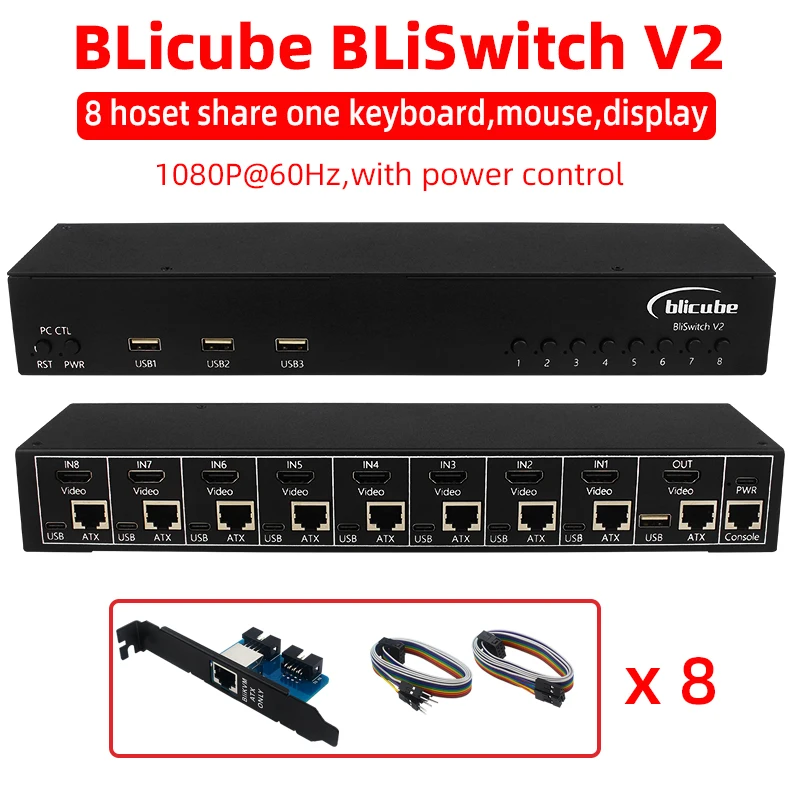 

BliSwitch V2 8-портовый KVM ATX-переключатель 8 Host Share 1 дисплей клавиатуры с мышью 1080P при 60 Гц для PiKVM BLIKVM V1 V2 V3 V4