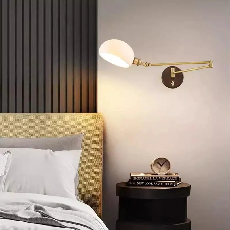 Swing Arm Wall Lamp With Pull Chain Dome Opal Glass Shade Antique Wooden Vintage Bedroom Reading Wall Sconce
