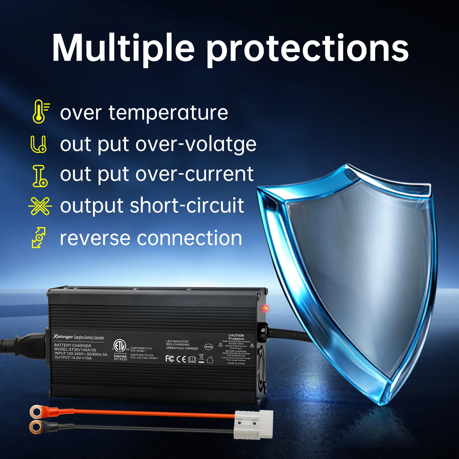 Xietongpo 14.6V 10A LiFePO4 Battery Charger for 12V 12.8V 4S Batteries, 100-240V AC Automatic CC/CV Charger with Cooling Fan, Alligator Clips and Anderson Connector to M8 Copper Ring Terminal Adapter