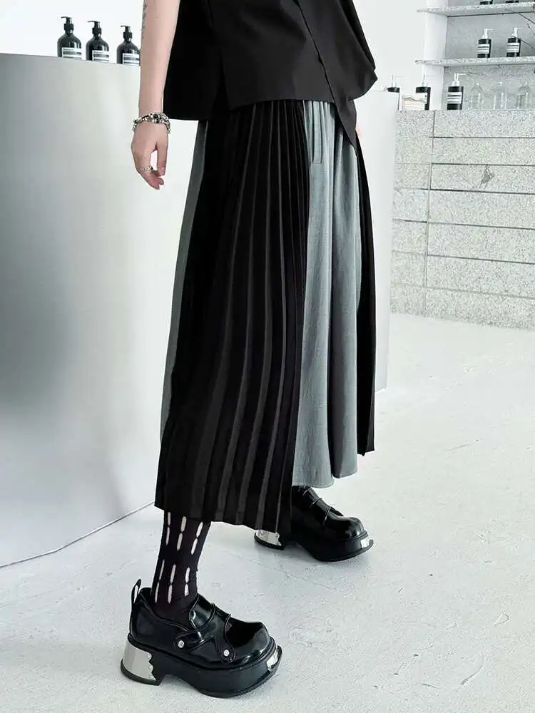 High Elastic Waist Gray Color-block Pleated Wide Leg Pants New Trousers Women Fashion Tide Spring Autumn
