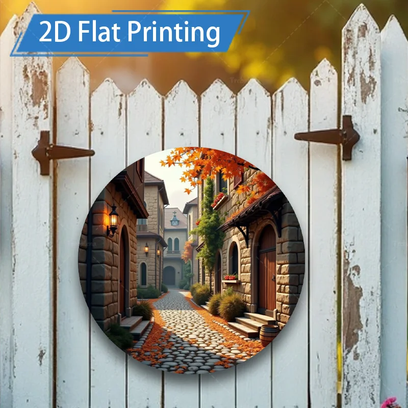 1pc 8x8inch Metal Sign Rustic Autumn Village Scene 2D Flat Metal Wall Art Decor