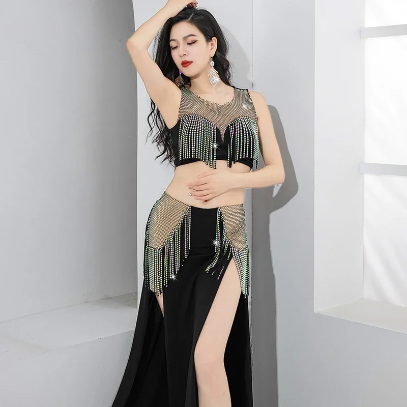 Belly Dance Performance Costume Women\'s Customized Light Luxury AB Stones Tassel Set Adult Oriental Dance Competition Clothing