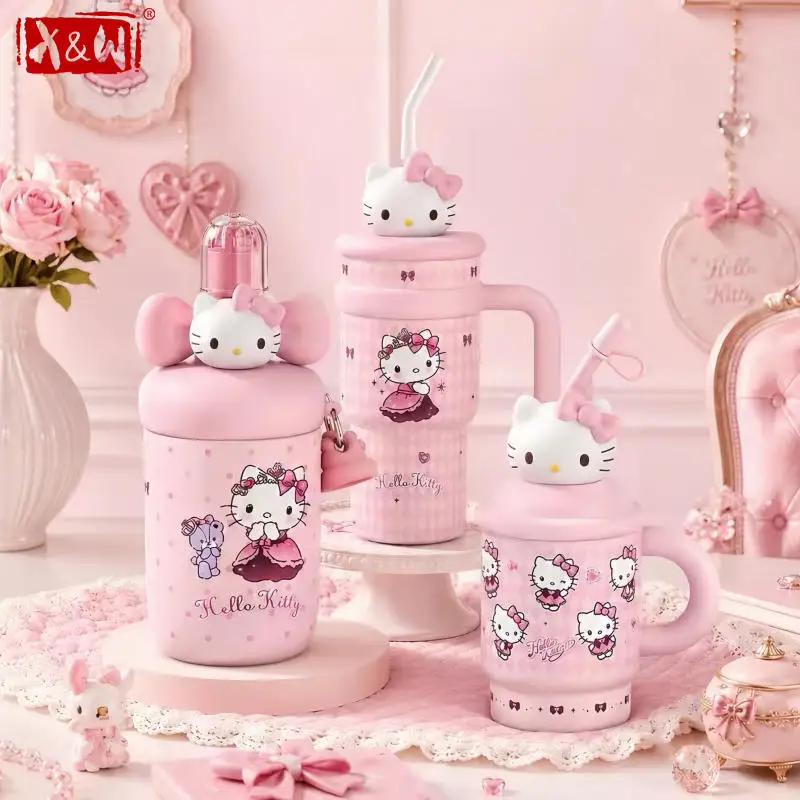 X&W Sanrio Cartoon Hello Kitty Thermos Cup 316 Stainless Steel Dust‑proof Lid Portable Handle Lovely Gift for Girls Daily Use