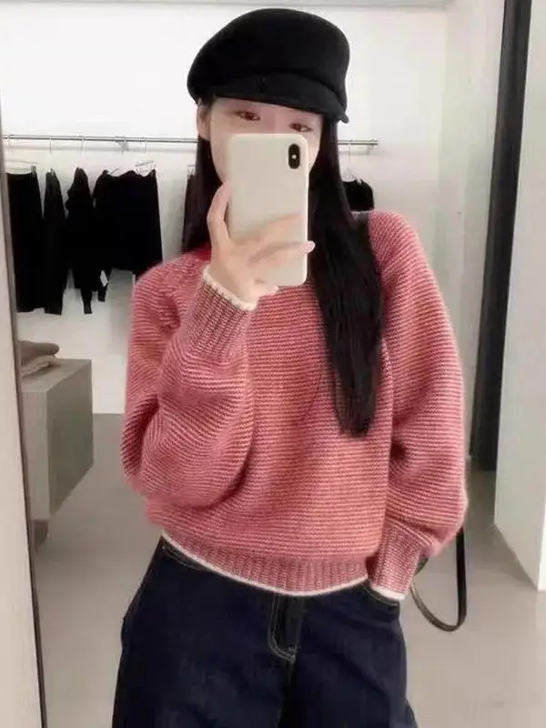 Korean Retro Striped Sweater Women's Loose Casual Thickened Knitted Top Trendy Autumn Winter Comfortable High-End Feeling