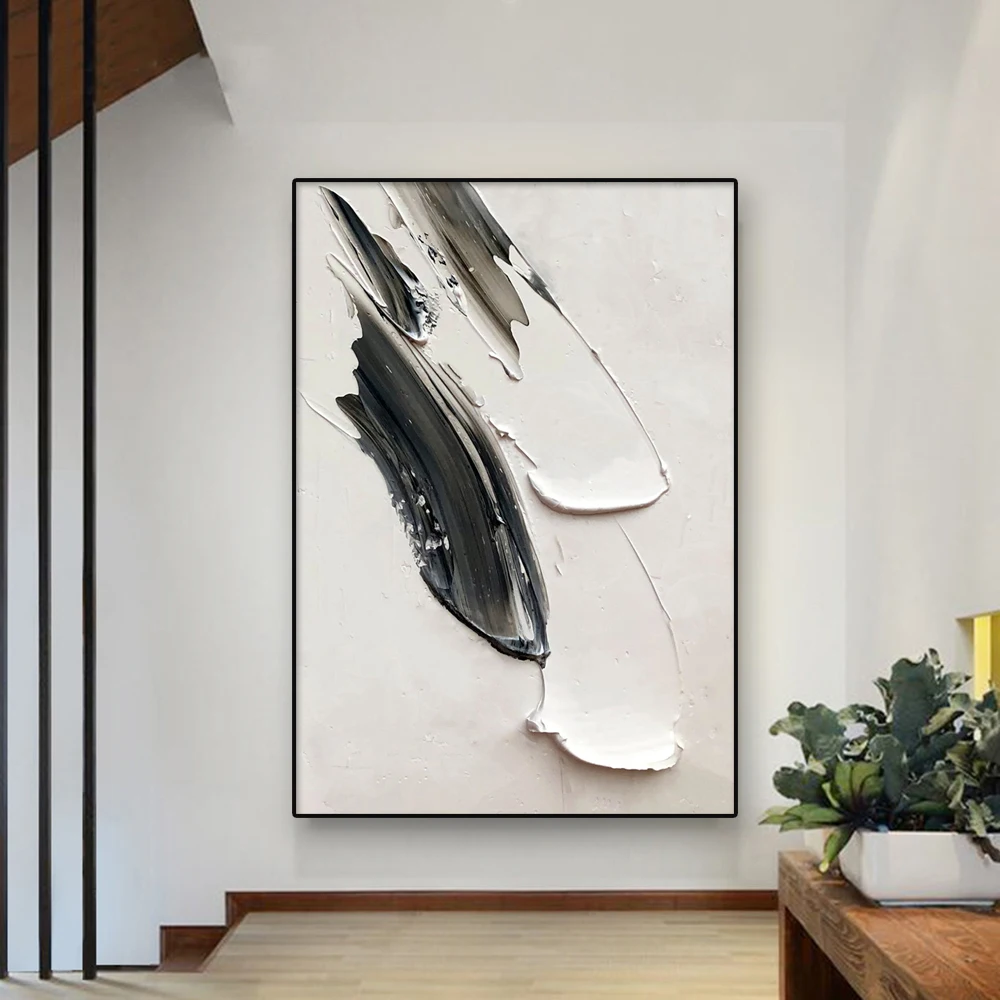 Abstract Wall Art White Painting Poster Large Black And White Print White 3D Textured Wall Art Canvas Painting Living Room De