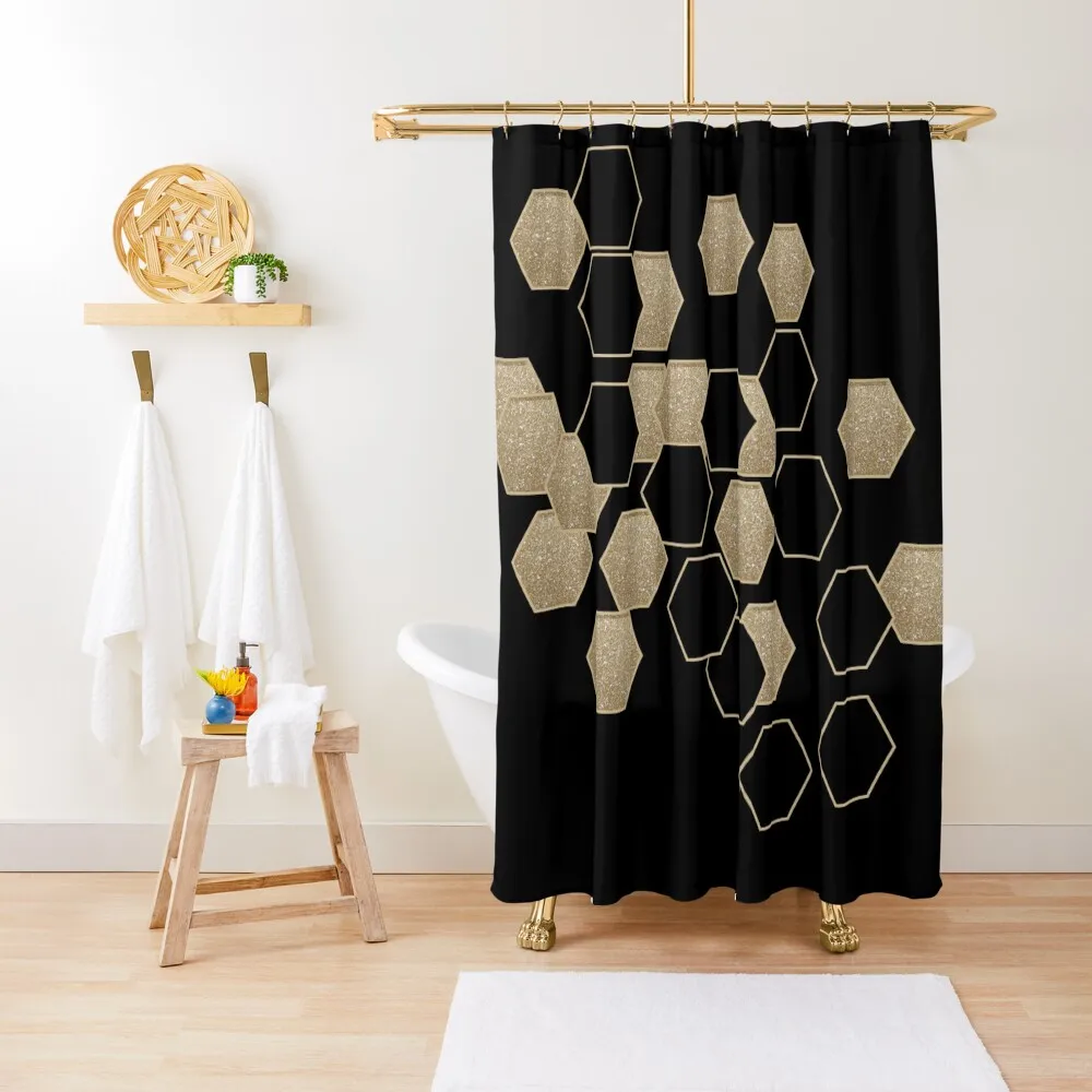 Modern Chic minimalist honeycomb Black gold hexagon pattern Shower Curtain Bathroom Decor Bathroom Deco Curtain