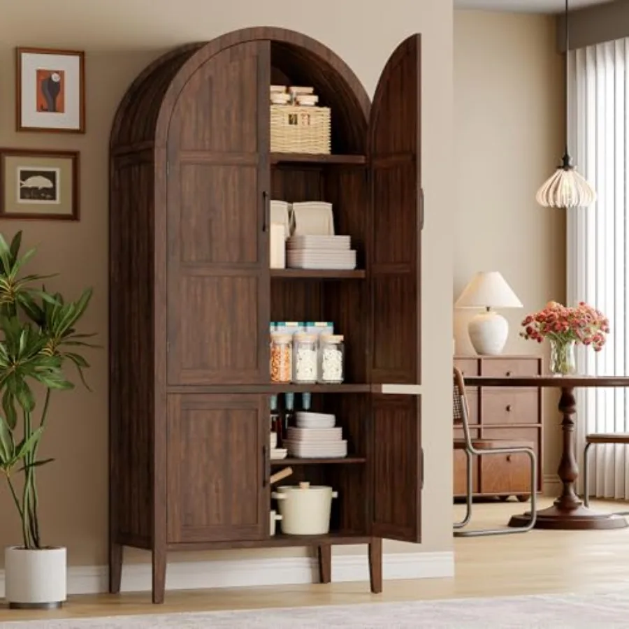 71 Tall Wooden Arched Cabinet for Kitchen Pantry Use, Natural Wood Finish with Adjustable Feet, Farmhouse Style 5-Tier Storage view 5