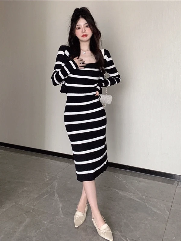 

Вязаный кардиган в полоску в стиле ретро, женский длинный комплект миди Dr, комплект из двух предметов, весна-осень, новый комплект для взрослых Faion Ensemble