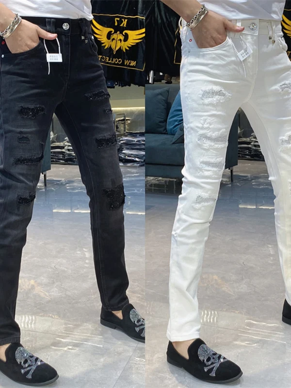 

Мужские модные джинсы из эластичного денима со стразами в стиле пэчворк, модные универсальные длинные брюки для похудения