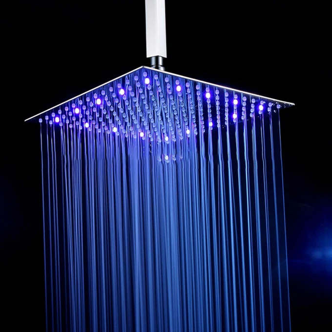 YyhcLed Color Changing 16'' Square Bath Rainfall Stainless Steel Shower Head