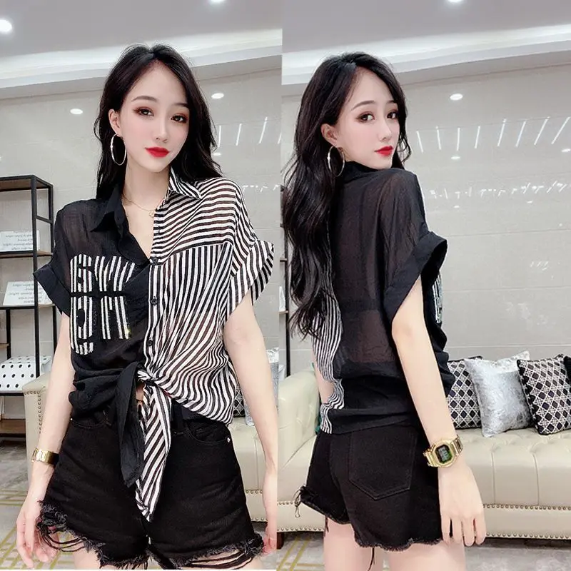 Summer Woman Clothes Striped Short Sleeve Shirt Loose Casual Elegant Fashion European Style Chiffon Tops Thin Color Collision