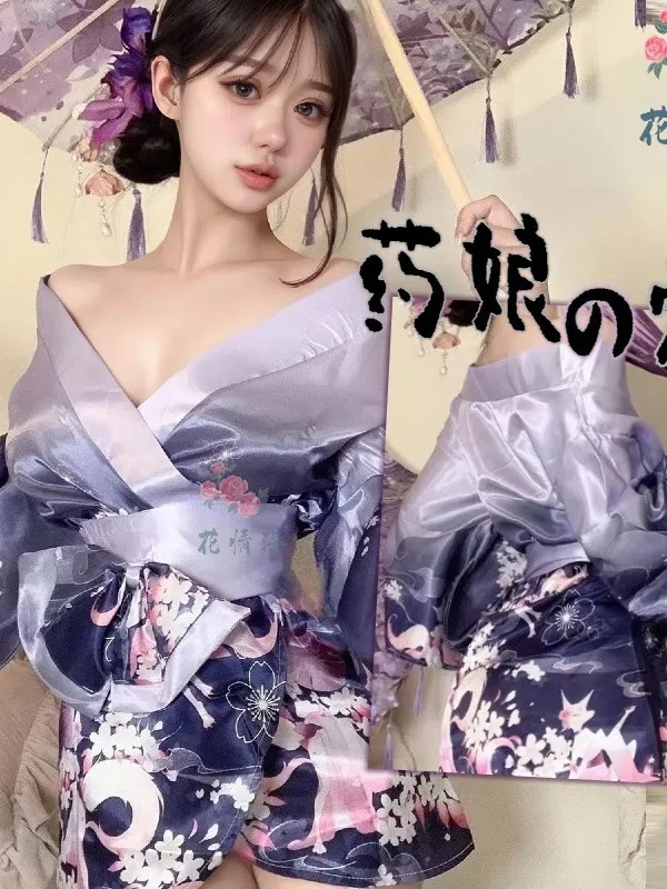 Elegant Japanese Style Kimono Sexy Deep V Neck Floral Print Bathrobe Couple Erotic Sleepwear Bow Dress Pure Desire Charming 0LRL