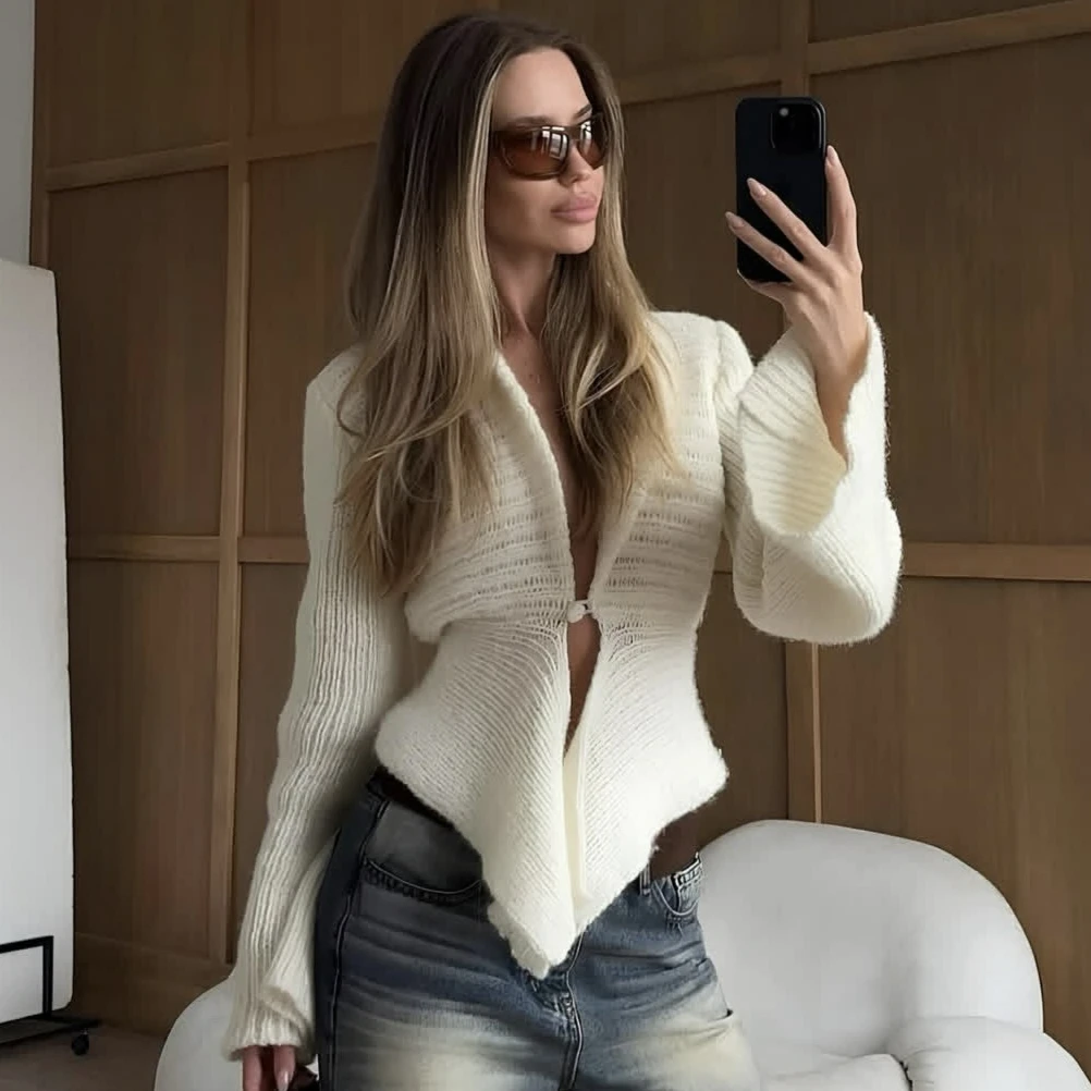 

White Irregular Sweater Cardigan for Women Fashion Hollow Out Long Sleeve Knit Coats Autumn Winter Sexy Deep V-neck Outwear 2025