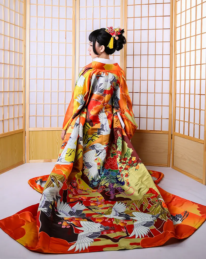 Autumn winter thickened fabric object auspicious cloud crane brocade show Kimonno Vibration sleeve women kimono formal dress