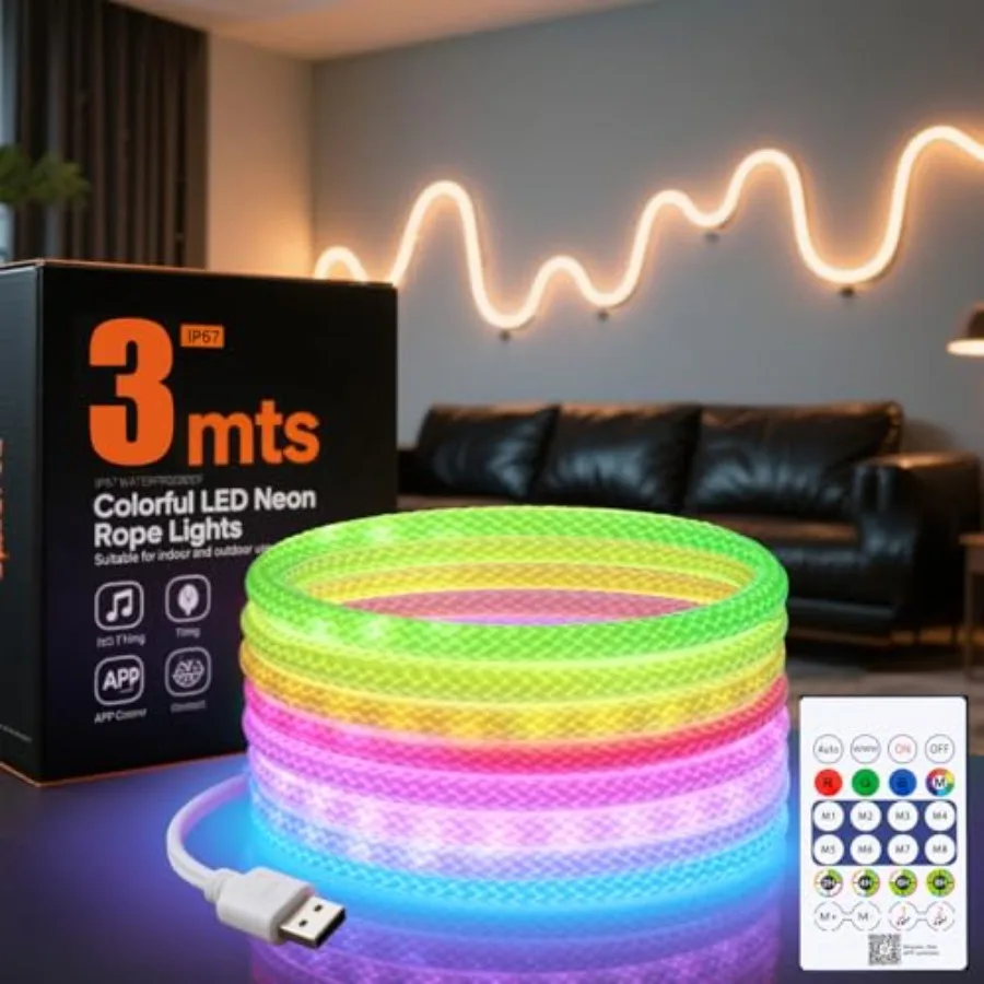 9.8ft LED Rope Lights, 5V Portable neon Lights, Suitable for Parties, Halloween, terraces, Christmas Camping Decoration, Bedroo