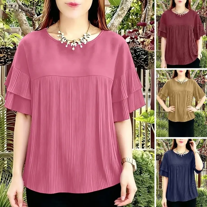 ZANZEA 2026 Summer Shirt Women Elegant Pleated Work Blouse O Neck Short Ruffled Sleeve Tops Casual Loose Blusas Femme Chemise