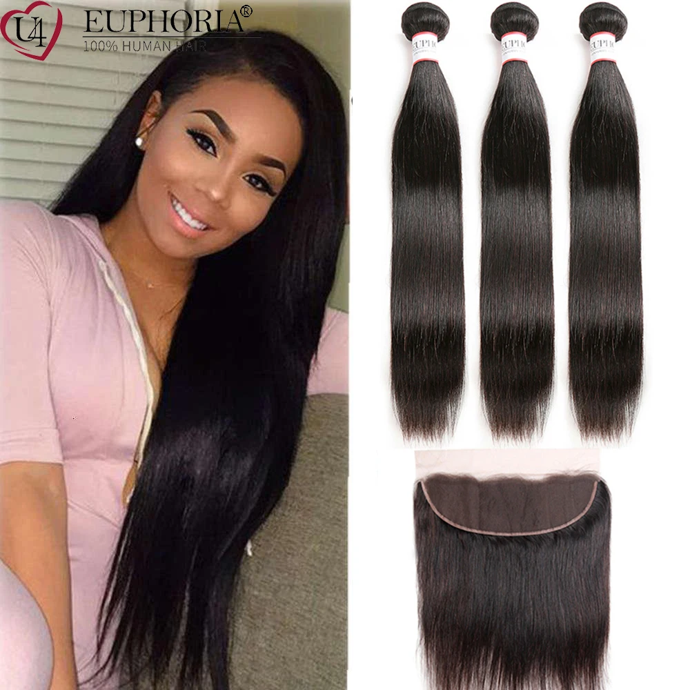 

Brazilian Human Hair Straight 3 Bundle With Closure Natural Color Bundles With 13x4 Swiss Lace Frontal 100% Human Hair Euphoria