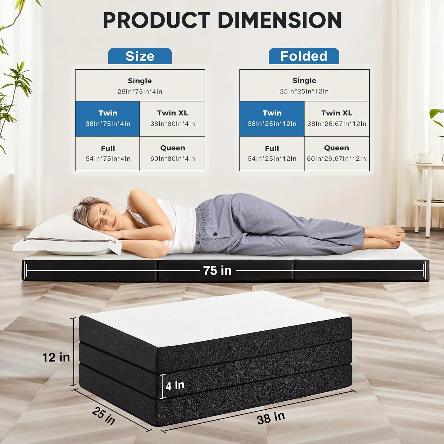 Tri-fold Memory Foam Mattress - 4 Inch Twin Size Portable Floor Bed, Foldable Mat for Kids and Adults, Collapsible