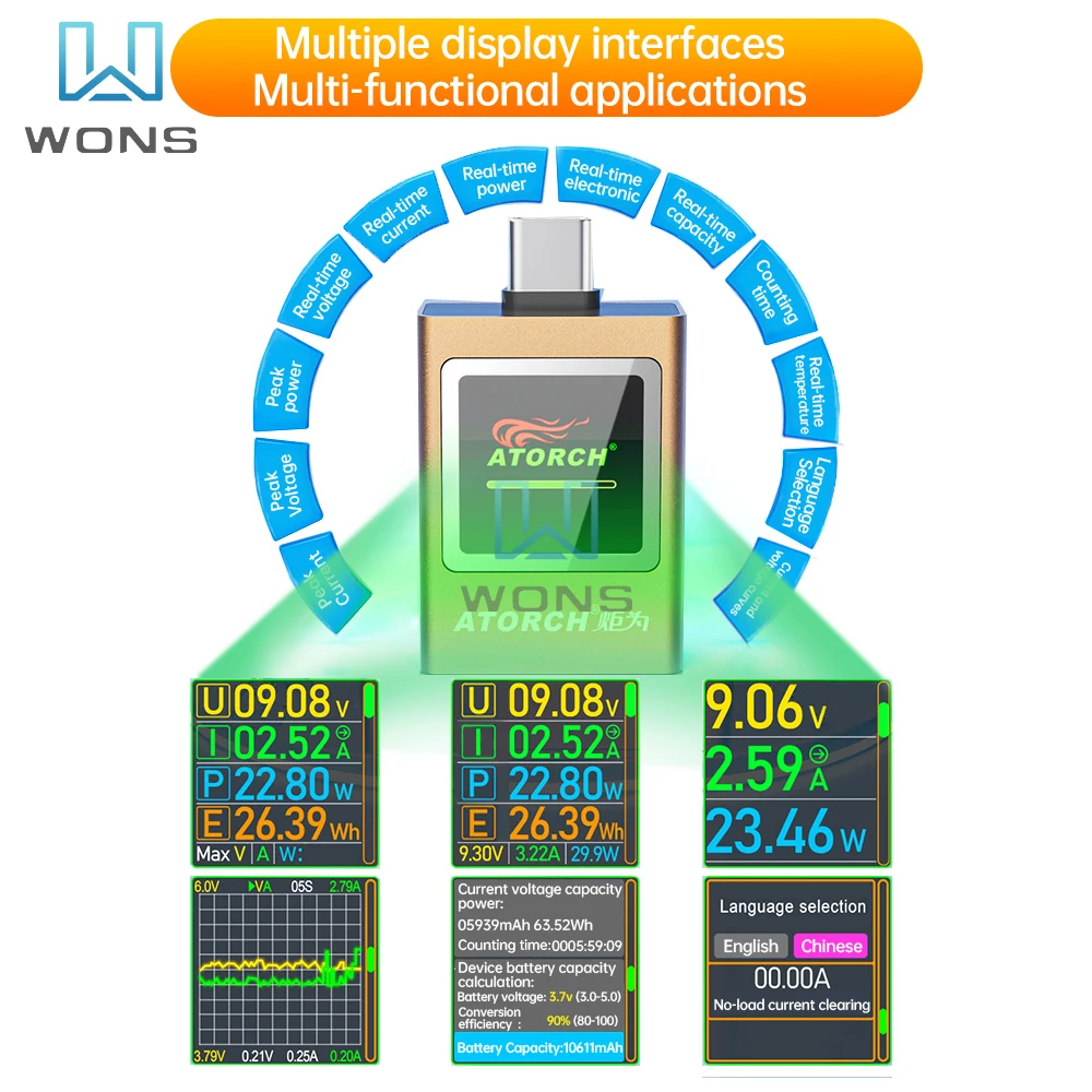 DC 4.5-50V 600W Digital Display Voltage Ammeter Power Bank Meter Type-c Cell Phone Charger TFT G-Sensor Tester