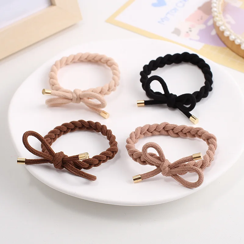 20PCS 8mm Wide Knotted Bows Braided Elastic Hair Bands Golden Caps Hair Ties Elasticity Ponytail Holder Hair Scrunchies