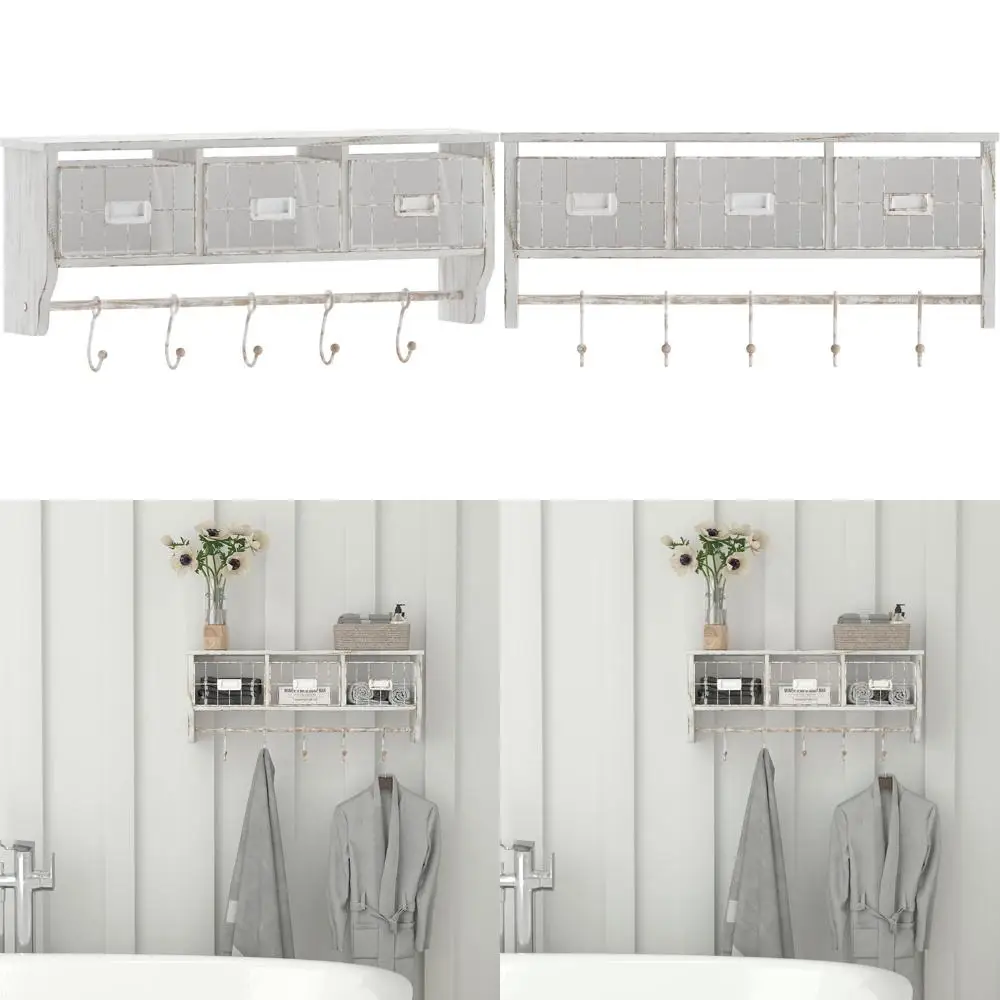 

24 Inch Whitewashed Pine Wood Wall Rack with 5 Hooks and Wire Baskets - Ideal for Entryway, Kitchen, Bathroom
