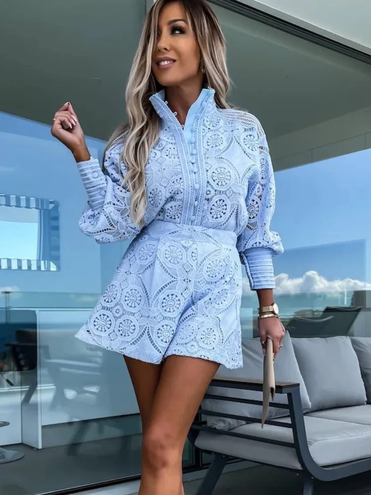 Vintage White Lace Shirt Shorts Sets Women Spring Summer Long Sleeve Button Top Shorts 2 Piece Set Elegant Party Outfits Femme