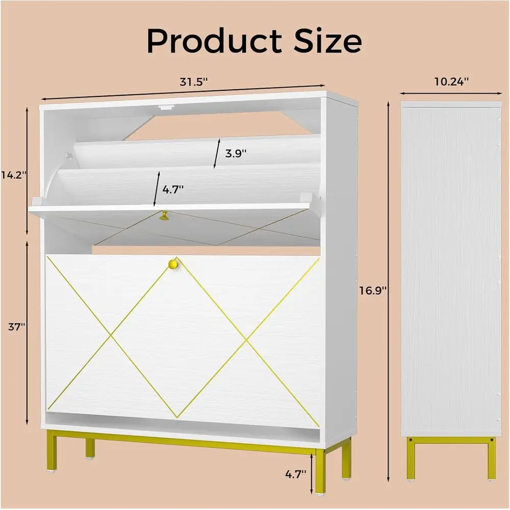خزانة أحذية بيضاء قائمة بذاتها مكونة من 4 طبقات مع درجين، ودعم ساق معدنية لتخزين البهو والممر