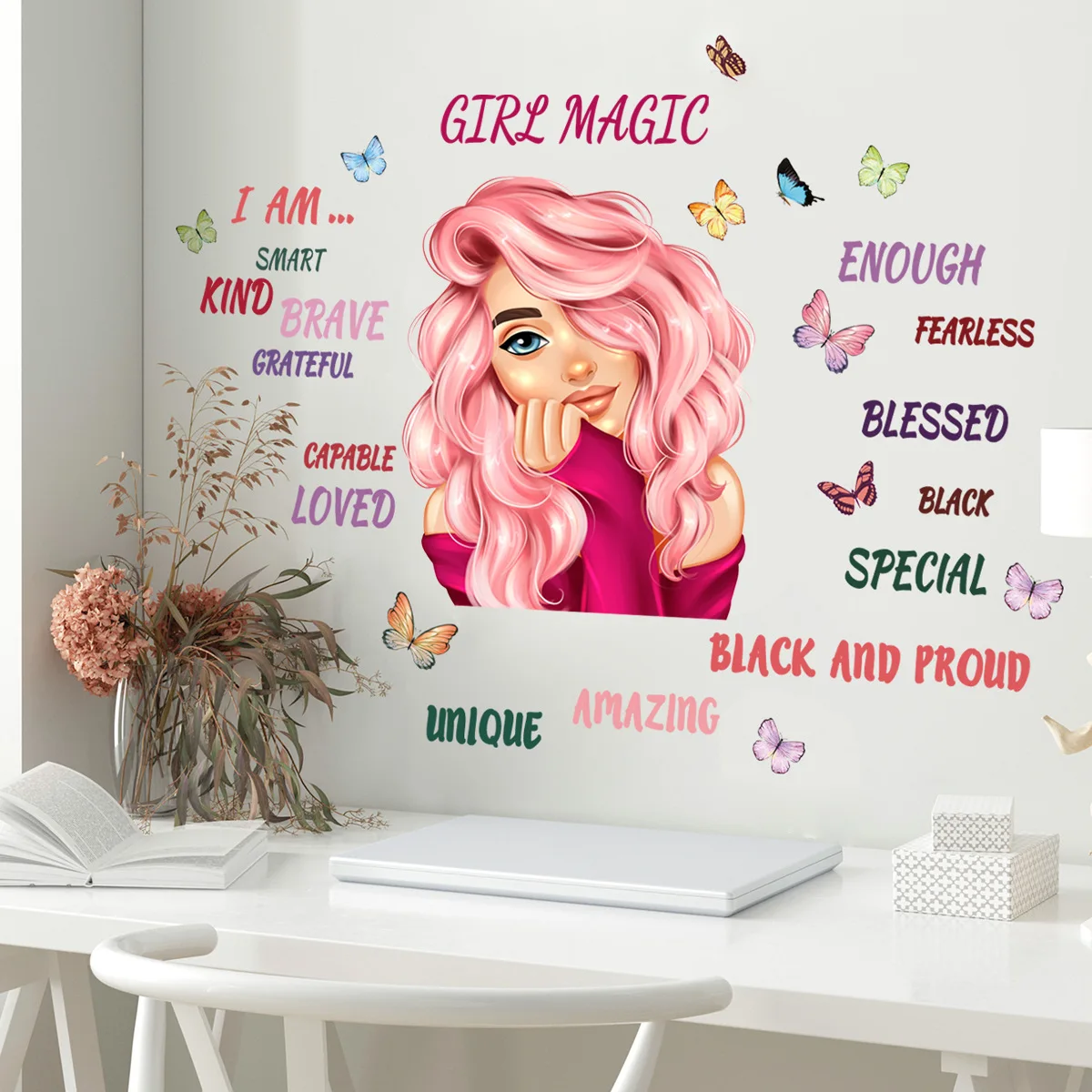 30*90cm English Slogan Woman Butterfly Cartoon Wall Sticker Background Wall Living Room Bedroom Decoration Mural Wall Sticker