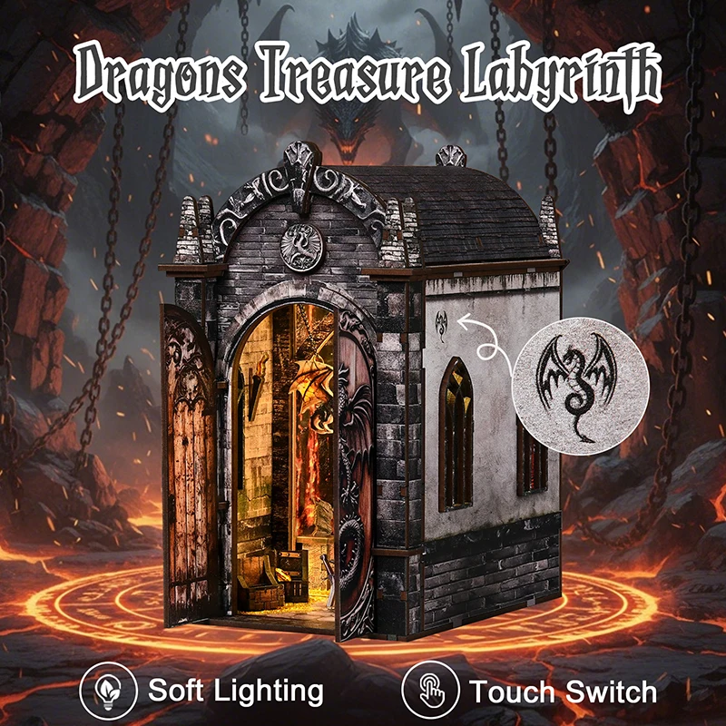 Zuuton Dragon Treasure DIY Book Nook Kit 3D Wooden Puzzle with LED Light Miniature Dollhouse Bookend Handmade Model Decor Gift