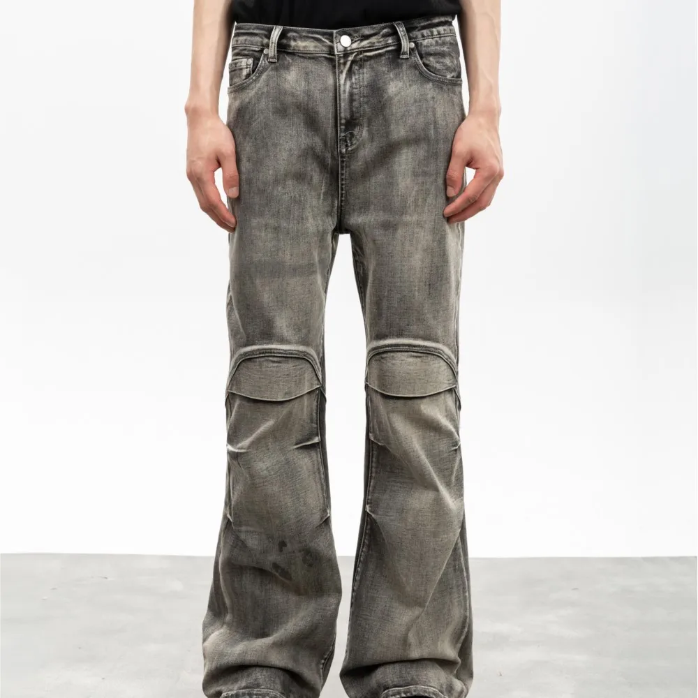 Heavy Industry Wasteland Leisure Washed-out Distressed Bell-Bottom Pants Jeans Trousers for Men and Women