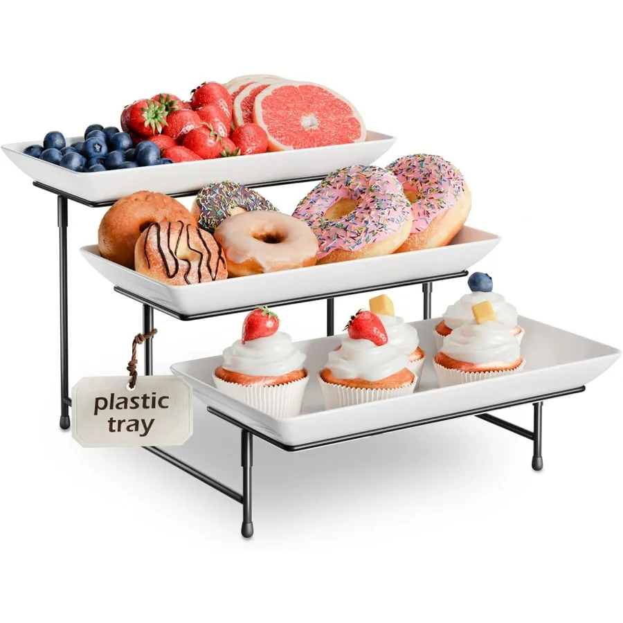 

3-х уровневый пластиковый поднос для вечеринки, 11,5 x 5,6 тарелок для сервировки еды, микроволновая печь, безопасные белые многоразовые подносы с черным металлом