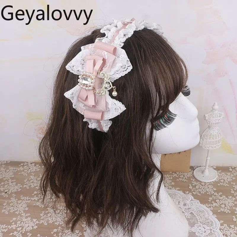 和風手作りレース甘い可愛いロリータ風ファンガスレースヘアアクセサリー大きなリボンラインストーンヘッドバンドヘッドウェア女性用