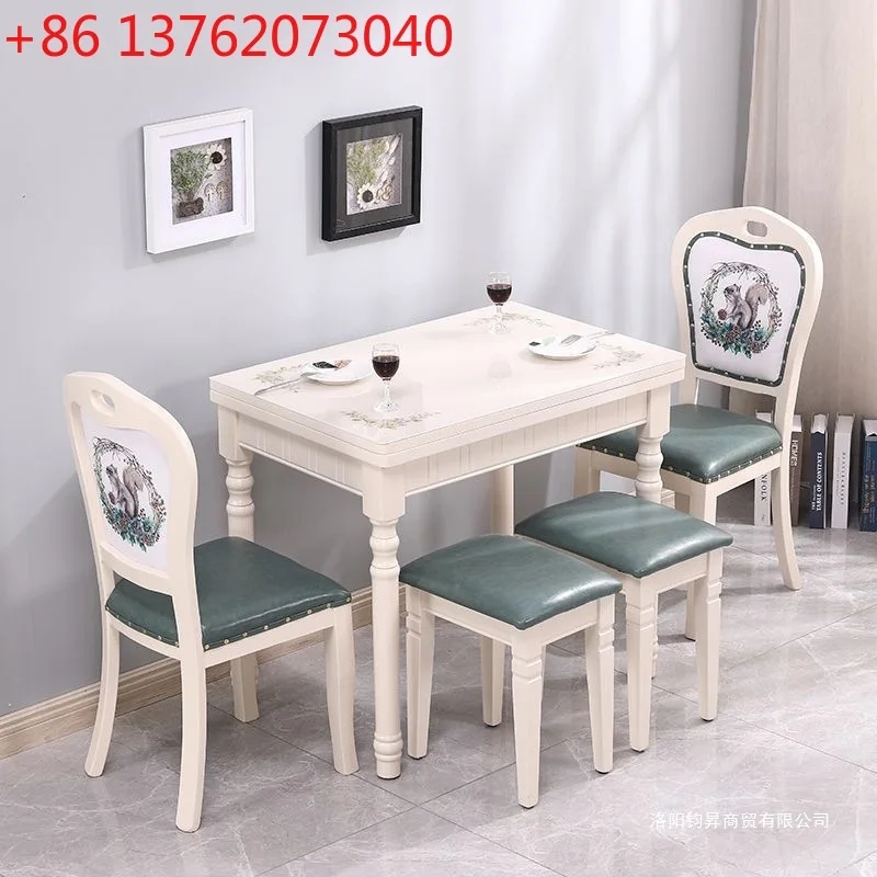 Solid wood folding dining table household small apartment rotating and retractable modern simple multi-functional glass table