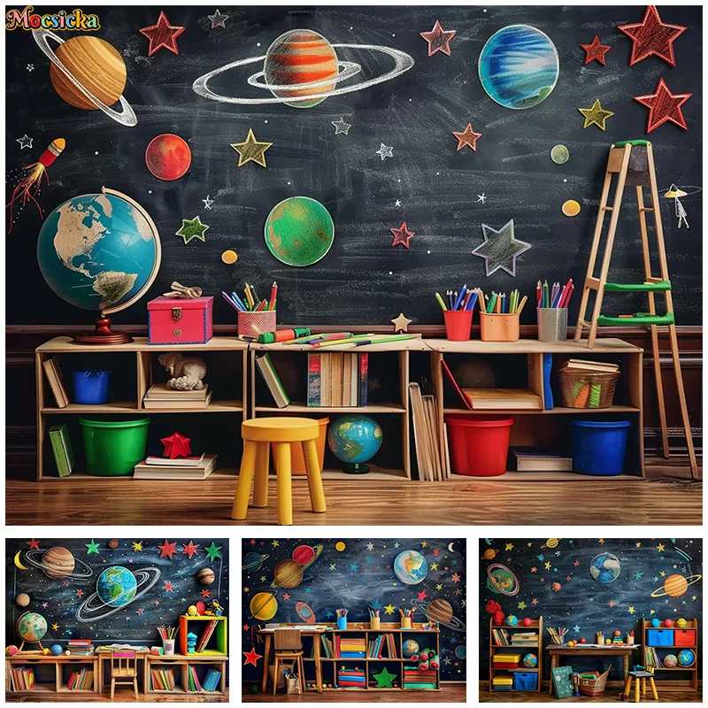 

Mocsicka Graduation Season Photography Background School Party Chalkboard Planet Book Opening Season Kids Portraits Photo Banner