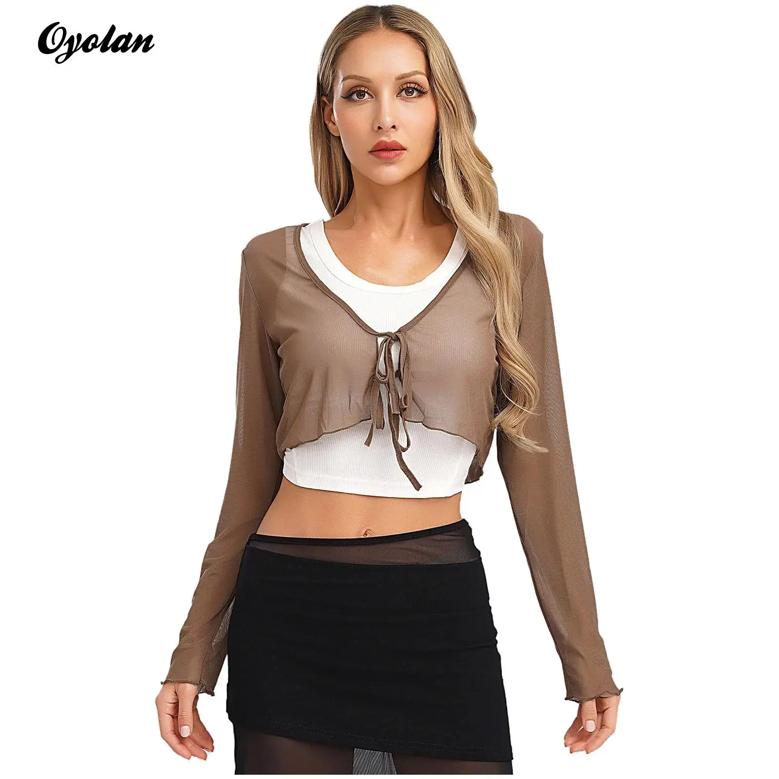 

Womens Semi-Sheer Mesh Bikini Swimsuit Beach Cover Up Tops Costume Front Tie Up Cardigan Tops Ruffled Sun Protection Coat Tops