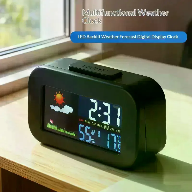Intelligent Weather Station Clock With Color Display - Temp & Humidity Monitor Backlit For Kids & Teens Bedroom/Dorm Desk