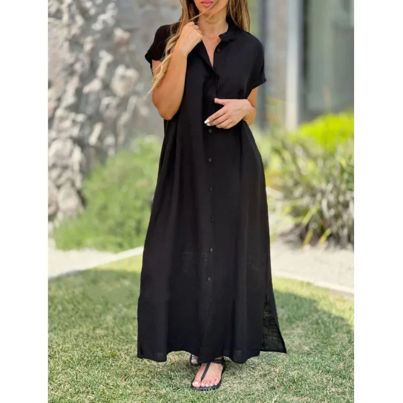 Damskie nowe koszule z lnu i bawełny, sukienki maxi, modne, codzienne kardigany, bluzki, sukienki z krótkim rękawem zapinane na guziki, szaty, odzież do pracy dla kobiet.
