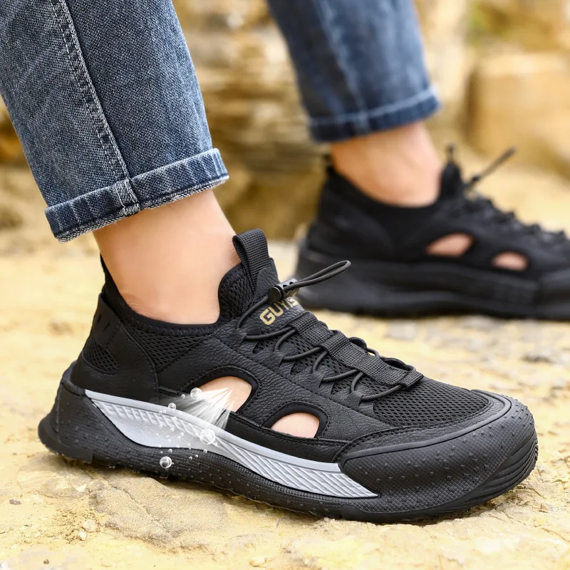 men luxury fashion breathable safety shoes summer steel toe caps work sneakers original leather sandals worker footwear protect