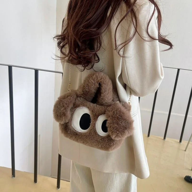 Puppy big eyes plush autumn and winter handbag bag new fashion one shoulder crossbody plush bag universal cute girl birthday gif