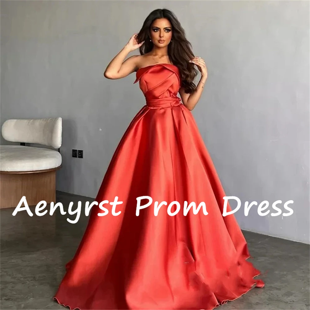 Aenyrst Red Strapless Saudi Arabia Prom Dresses A Line Satin Evening Gowns Floor Length Formal Occasion Dress Long فساتين السهرة