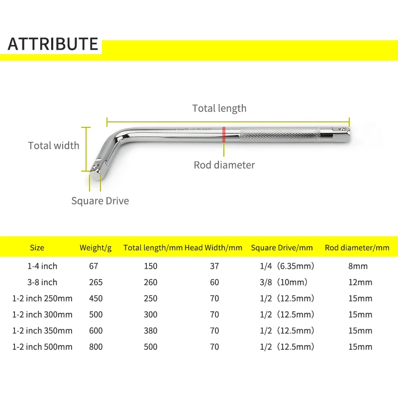 L Type Socket Bent Bar 250mm 300mm 350mm 500mm L-Handle Sockets Wrench Hand Tools 10\