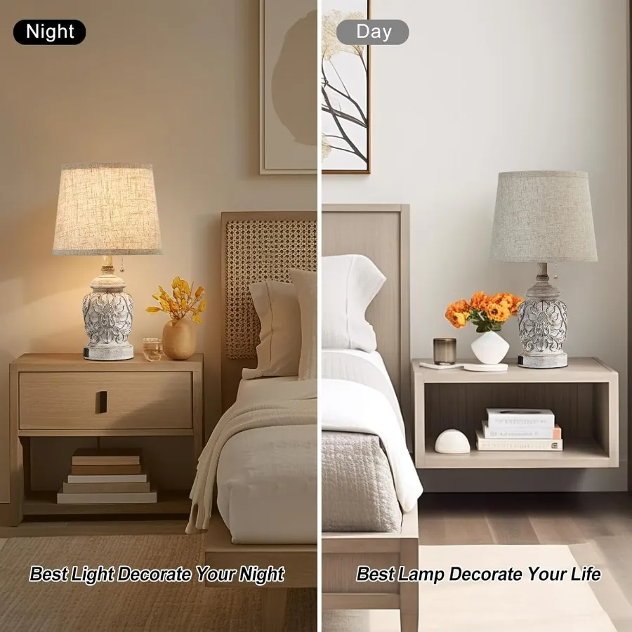 Lampada da tavolo rustica vintage da 19,5 pollici, set di 2 lampade da tavolo in fattoria per l'arredamento della camera da letto del soggiorno con porte USB tradizionali intagliate