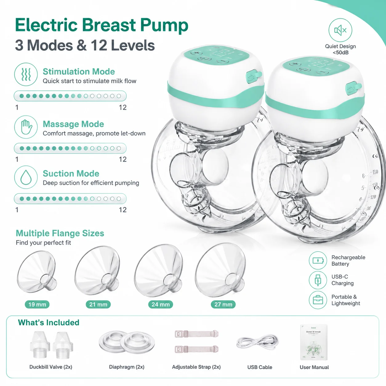 Tire-lait électrique portable mains libres, 3 modes, 12 niveaux, avec embout confortable de 19/21/24/27 mm