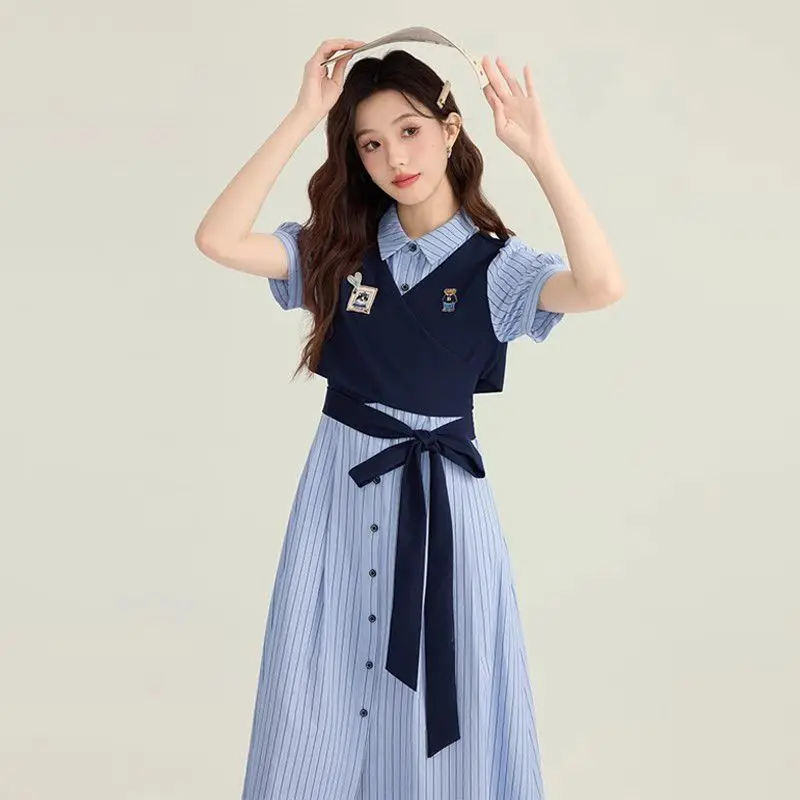 MAGOGO الصيف الفرنسية كلية نمط مخطط قميص فستان المرأة السببية Kawaii التطريز وهمية قطعتين المرقعة فستان طويل نحيف